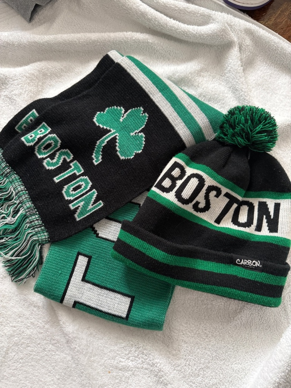 Boston Green & Black Pom Beanie and Scarf Set